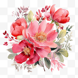 春天的花束水彩红色和粉红色的花