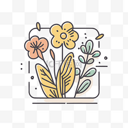 彩色花卉背景图片_带有一束花朵和叶子的线条图标 