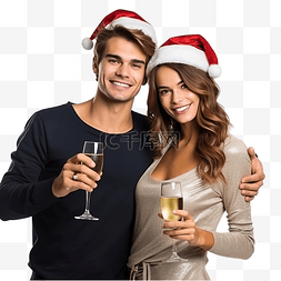 戴着圣诞帽的美丽人们用香槟庆祝