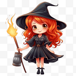 可爱的红发小女巫，拿着扫帚魔法