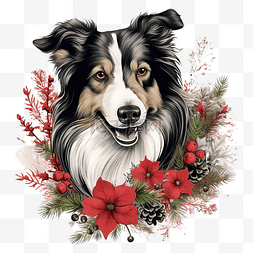 手绘人物快乐图片_手绘牧羊犬肖像与圣诞花矢量