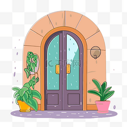 门上贴画图片_白色背景卡通上有植物和花盆的远