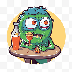 桌上的可爱图片_一个可爱的绿色家伙在餐桌上喝啤
