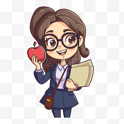 卡通人物女老师拿着苹果和论文剪