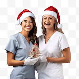戴着圣诞老人帽子的女牙医拿着模