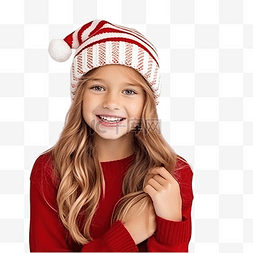 戴帽子的时尚女孩图片_圣诞集会上，戴着红色针织帽拿着