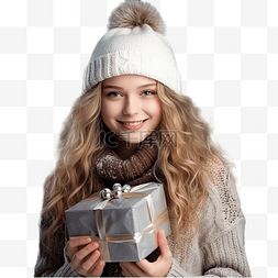 下雪家庭图片_一个拿着圣诞礼物的女孩的肖像