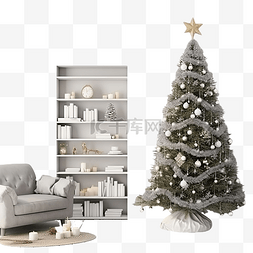 现代客厅配有杉树，为圣诞假期庆