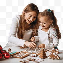 妈妈节日快乐图片_妈妈带着女孩为圣诞节装饰姜饼