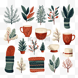圣诞围巾插画图片_hygge 矢量集圣诞树植物杯礼物蜡烛
