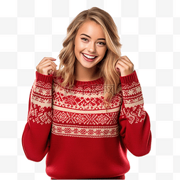 人们衣服图片_穿着带有圣诞印花的舒适红色毛衣