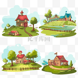 乡村剪贴画卡通风景农场和房屋 