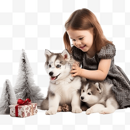 小女孩在圣诞树附近和哈士奇小狗