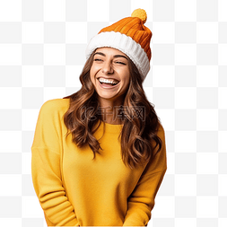 墙上的人图片_戴着圣诞帽的女孩在孤立的黄墙上