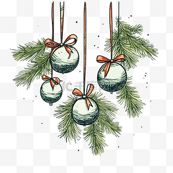 圣诞快乐卡，松枝上挂着球和丝带