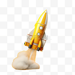 玩具火箭在黄色背景上喷出烟雾，