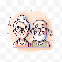 线性矢量插画图片_戴眼镜的老年夫妇插画 向量