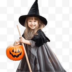 小女孩开心过生日图片_万圣节户外穿着女巫服装拿着扫帚