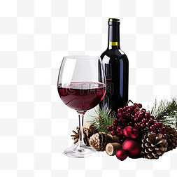 木质表面木桌上的红酒和圣诞装饰
