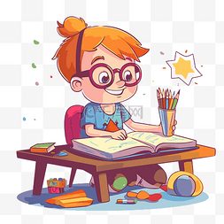 有书的桌子图片_家庭作业剪贴画女孩戴着眼镜，坐