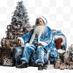 坐在椅子的老人图片_穿着蓝色毛皮大衣的滑稽圣诞老人