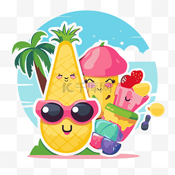 动画卡哇伊菠萝冰淇淋和水果图标