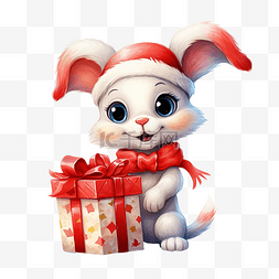圣诞围巾图片_戴着红帽和红围巾的可爱兔子，带