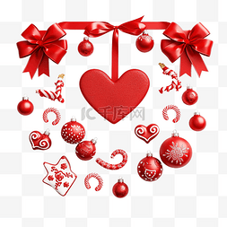 红色圣诞装饰品，配有红丝带和圣