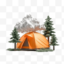 滴在火上的食物图片_松林中的橙色帐篷，周围环绕着云