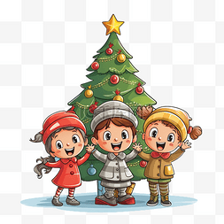 卡通孩子与圣诞树的有趣插图