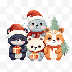 老虎和狐狸图片_圣诞快乐贺卡与可爱的动物角色