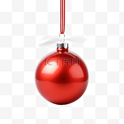 玩具球图片_圣诞树树枝上有一个带白丝带的红