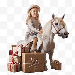 婴儿玩具马图片_女孩在家里骑玩具马，靠近圣诞树