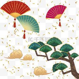 国潮边框金色图片_春节中国新年卡通扇子祥云松树装