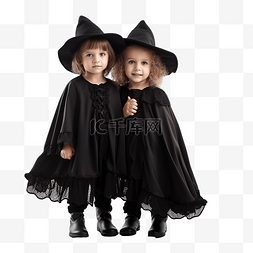 万圣节时两个可爱的孩子穿着女巫