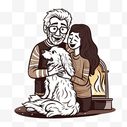 手绘老人抱着狗涂鸦风格的插画