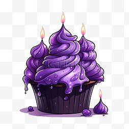 万圣节蛋糕配紫色奶油和蜡烛