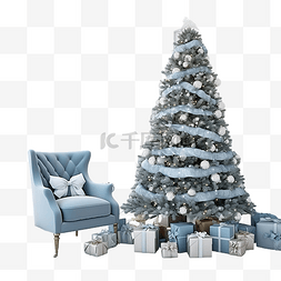 候客厅图片_圣诞客厅，树蓝色调，节日快乐