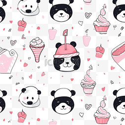 熊猫车图片_无缝线性图案与熊猫冰淇淋和礼物