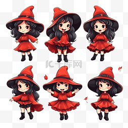 一套穿着红色小女巫服装的可爱女