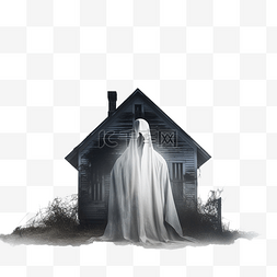夜晚恐怖图片_白色幽灵困扰着废弃的房子万圣节