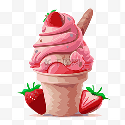 草莓甜筒冰淇淋图片_草莓冰淇淋 向量