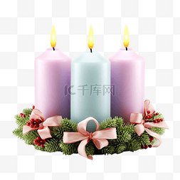 圣诞花环中四支燃烧的柔和彩色蜡