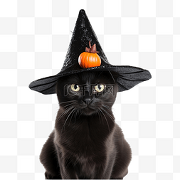 戴着女巫帽的黑猫用嘴举起万圣节