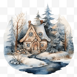 冬天针叶林图片_水彩冬天风景童话房子在森林里有
