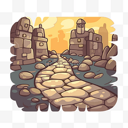 卡通小路通向一个被岩石包围的洞