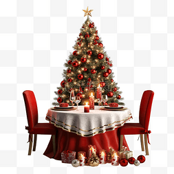 圣诞散花图片_圣诞餐桌上装饰着圣诞树和花环