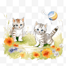 卡通玩球图片_阳光明媚的日子，有趣的小猫在花