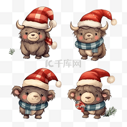 可爱的水牛圣诞人物系列，戴着帽