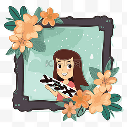 女孩拿鲜花图片_幻灯片剪贴画卡通女孩拿着相框和